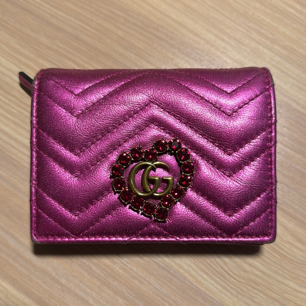 Metallic Calfskin Matelasse Crystal GG Marmont Wallet Pink